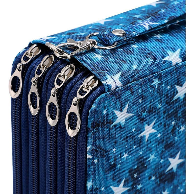 Colored Pencil Case- 200 Slots Pencil Holder Pen Bag Large Capacity Pencil  Organizer with Handle Strap Handy Colored Pencil Box with Printing Pattern  Blue Star 