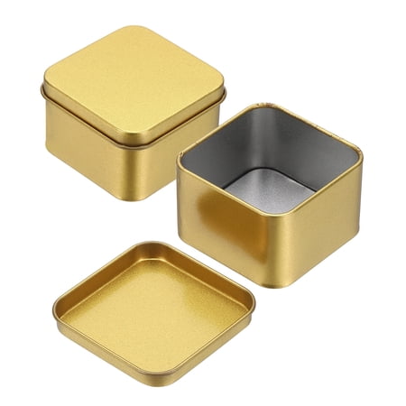 Uxcell 2Pcs Metal Tin Box 2.4x1.5 Square Empty Tinplate Containers with Lid Portable Storage Box Candy Jars for Valentine s Day Candle Jewelry Craft Storage Home Organizer Gold