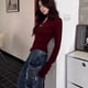 thumbnail image 3 of Suéter de punto con botones de color rojo vino para mujer, jersey ajustado de manga larga para otoño e invierno, ropa de calle para mujer 2024, prendas de punto básicas sólidas, 3 of 5
