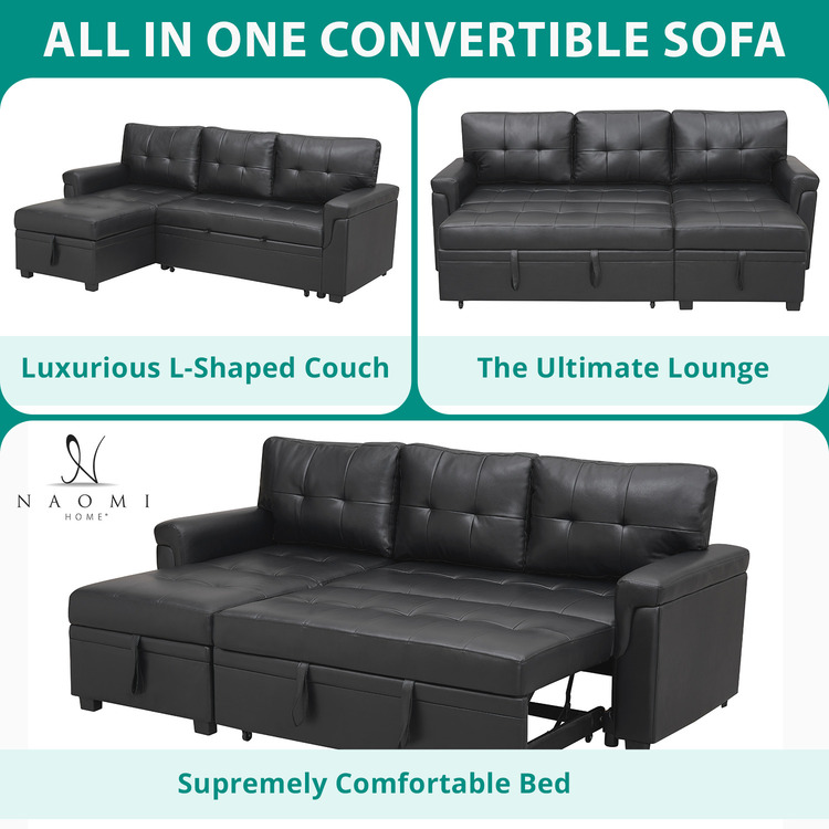 78 in. W Convertible Sleeper Sectional Sofa, L Shaped Couch for Small Space Living Room, Storage Chaise, L Shaped Pull Out Sofa - Black,Air Leather