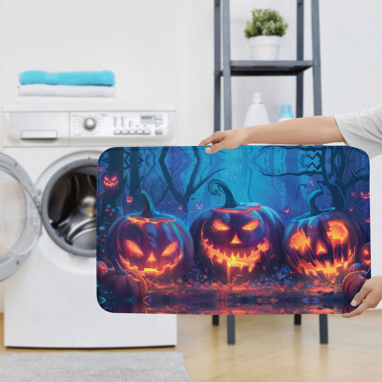 Bathroom Rugs Sets 3 Piece - Halloween Forest Pumpkin Lantern Absorbent Non Slip Bath Mats, U-Shape Toilet Lid Cover, Contour Mat, Soft Washable Shower Mats Bath Rug Mat for Bathroom Tub Toilet