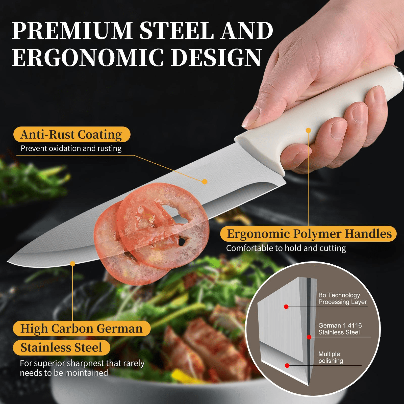 Jozram 15-Piece Kitchen Knife Block Set, Dishwasher Safe Stainless Steel Cutlery, beige