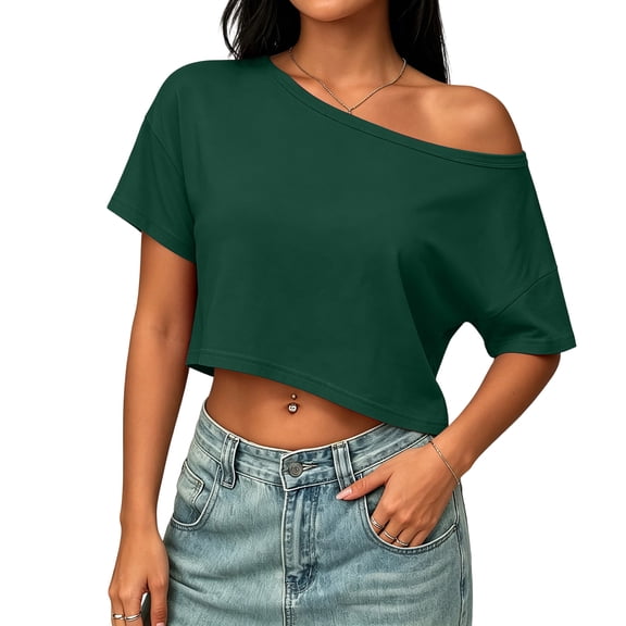 Womens Off The Shoulder Tops Short Sleeve Solid Crop Tops Casual Loose Summer T Shirt, S