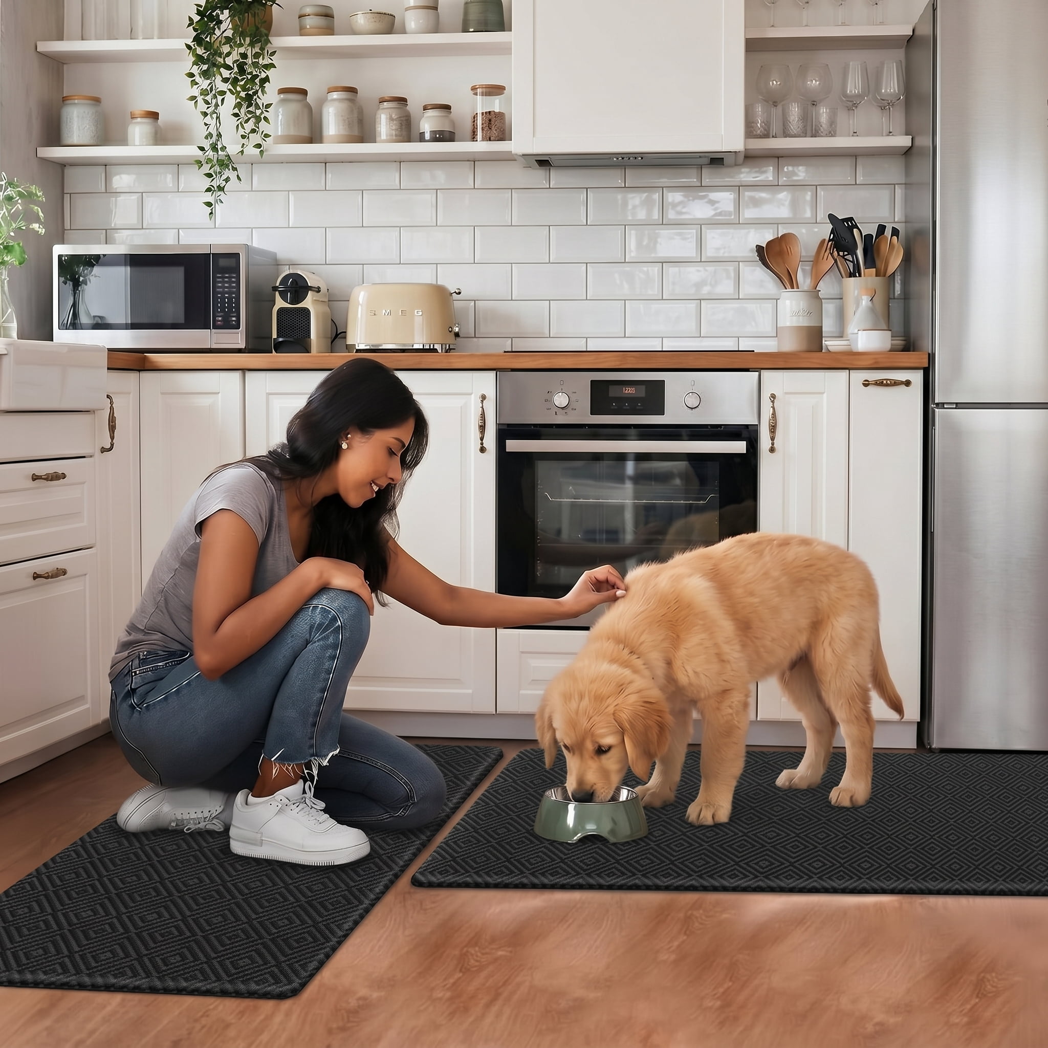 Kitchen mats for Floor, 2PCS Kitchen Rugs Non-Slip Water and Oil Absorbent Runner Rugs for Kitchen, Floor, Office, 17.3"x30"+17.3"x47", Black