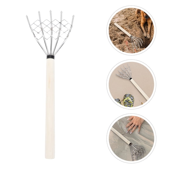 Masteelf Clam Rake with Net Stainless Steel 5 Claw Rake Ergonomic Wood Handle for Gardening 39.5 in Silver
