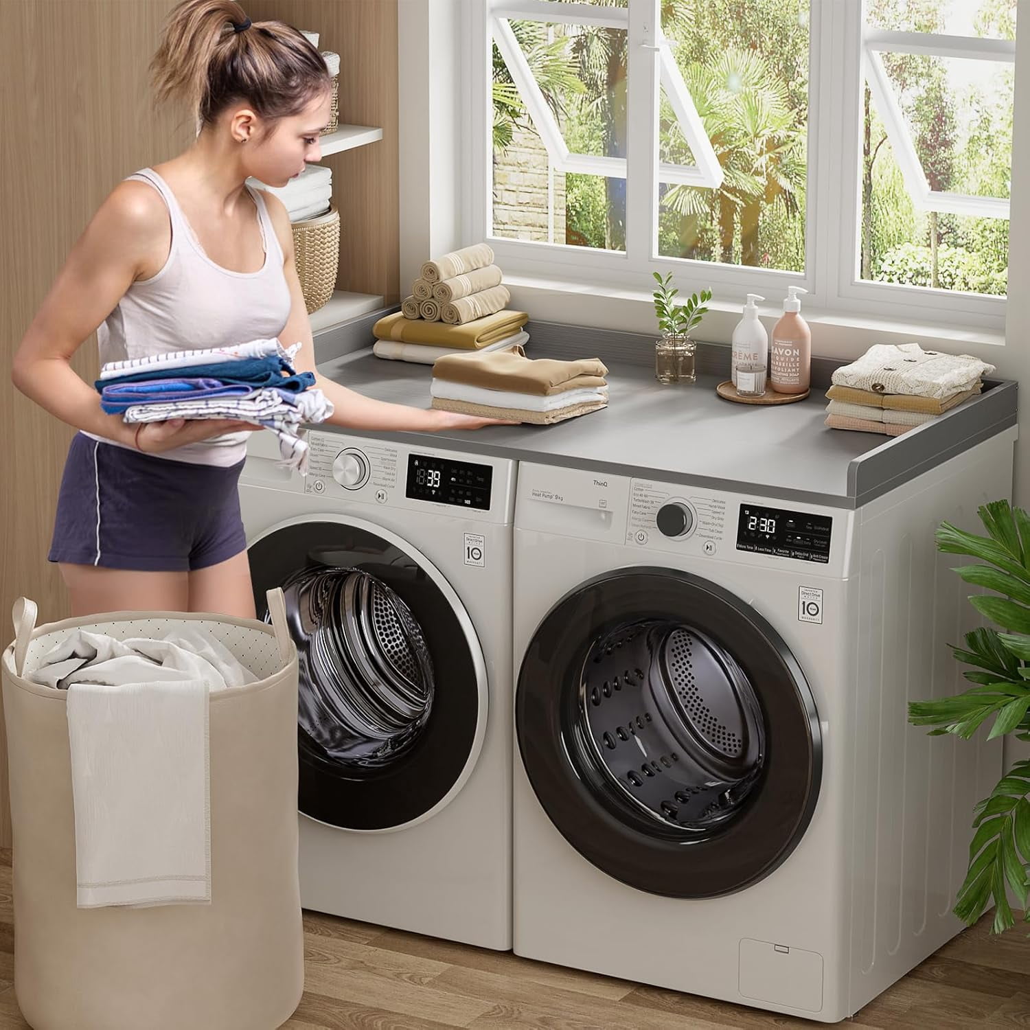 Homieasy Washer and Dryer Countertop, Laundry Room Organization with Non-Slip Pads, Wood Shelf Topper with Round Corner Edge Rails, Laundry Folding Organizer for Laundry, Gray