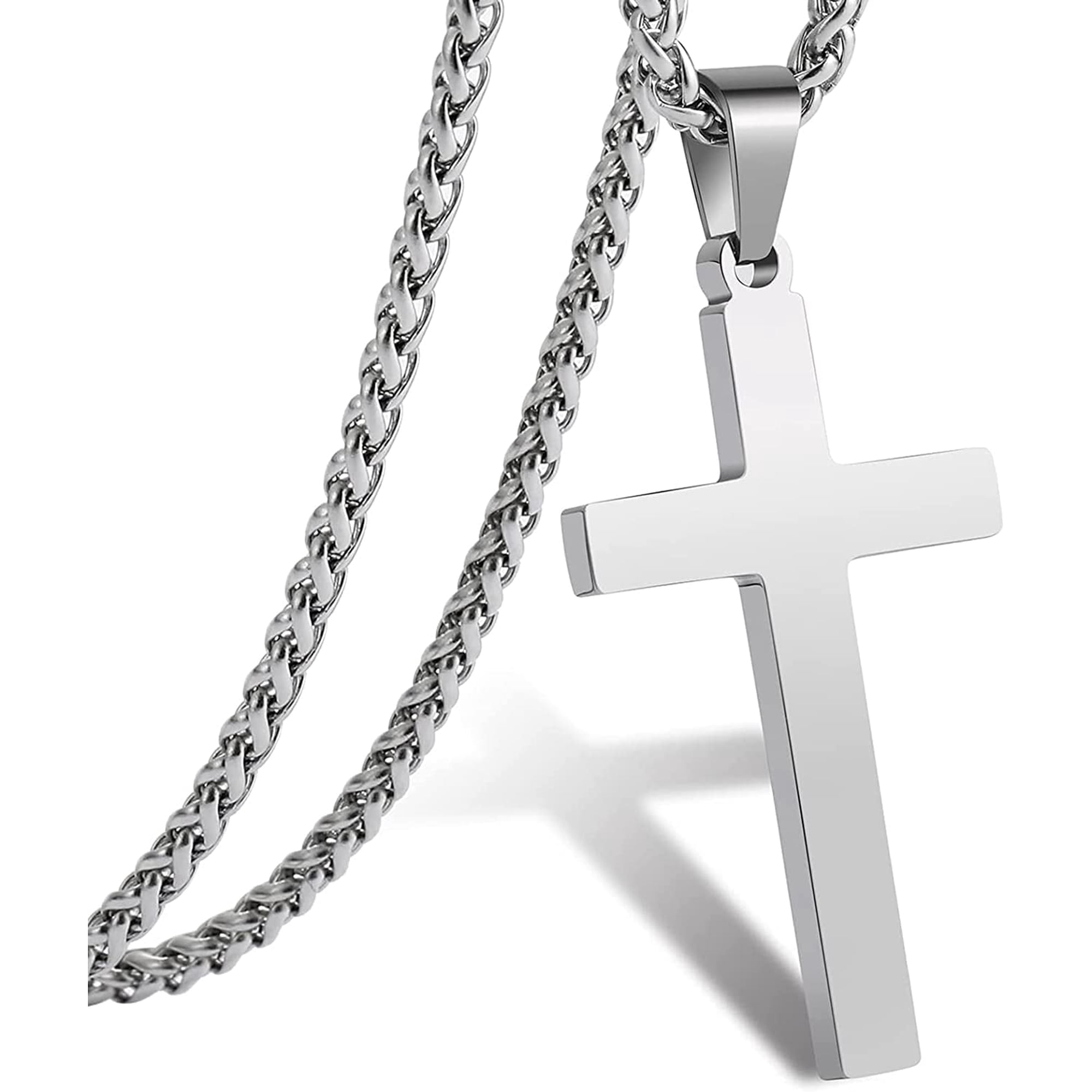 APSVO Silver Cross Necklaces for Men Boys Stainless Steel Cross Pendant Chain Catholic Religious Christian Birthday First Communion Confirmation Graduation Fathers Day Jewelry Gifts Teen Him Dad Kids