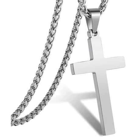 APSVO Silver Cross Necklaces for Men Boys Stainless Steel Cross Pendant Chain Catholic Religious Christian Birthday First Communion Confirmation Graduation Fathers Day Jewelry Gifts Teen Him Dad Kids