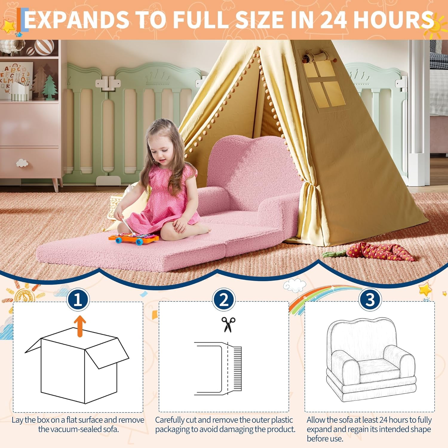 Kids Couch, 2-in-1 Convertible Teddy Fleece Fabric Toddler Sofa Chair, Soft Fold Out Couch Lounger for Kids, Comfy Children's Sofa Bed for Playroom, Nursery, Birthday Gift (Pink)