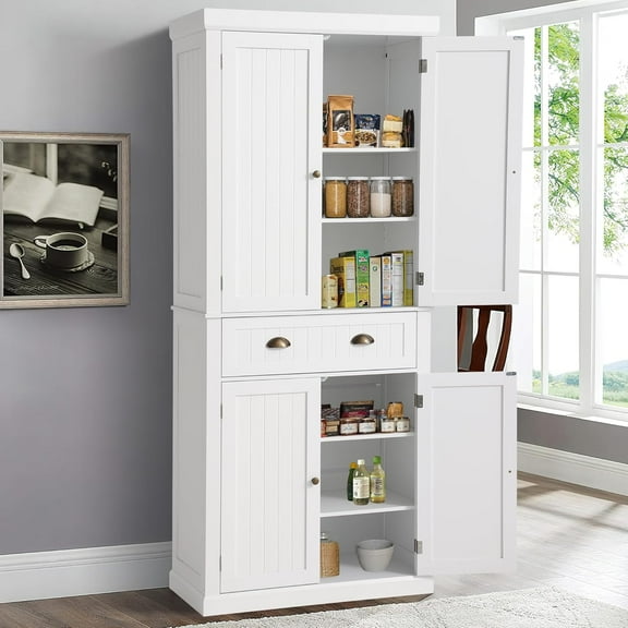KIGOTY Kitchen Pantry Storage Cabinet with Drawer and Adjustable Shelves, Freestanding Storage Cabinets, Wood Cupboard,Pantry Cabinet for Kitchen (Off White)