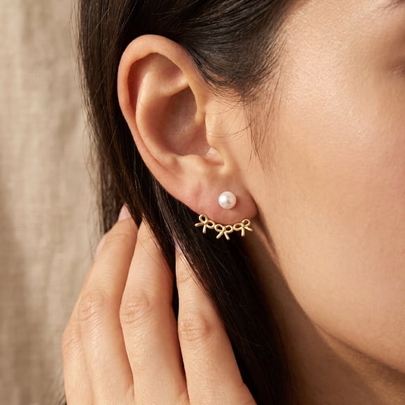 Gold Tone Bow Earrings for Women, Dainty Rhinestone Stud & Pearl Earring Jackets, Hypoallergenic Jewelry for Sensitive Ears