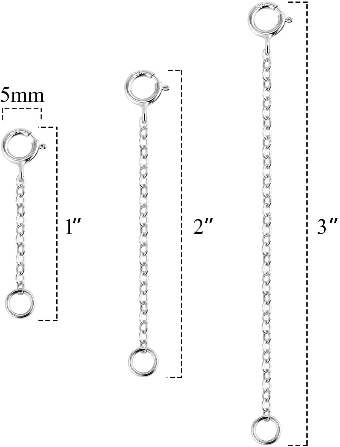 White Gold Necklace Extender 925 Sterling Silver Necklace Bracelet Ankle  Extenders Chain Extension for Jewelry Making（2 3 4 inch）