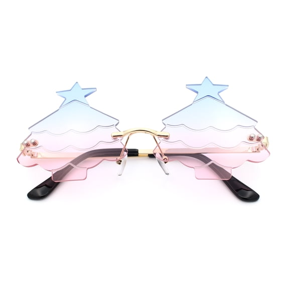Unique Christmas Tree Rimless Gradient Lens Party Shade Sunglasses Gold - Blue Pink