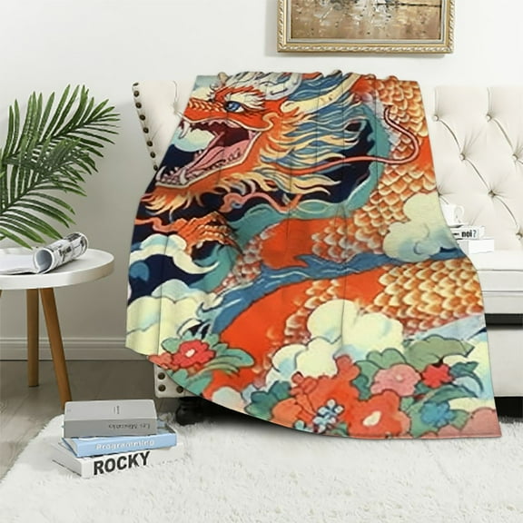 BCIIG Navy Blue Turquoise Orange Blue Teal Dragon Decorative Flannel Fleece Blanket Chinoiserie Asian Soft Throw Lightweight Air Conditioning Blankets Warmth for Couch Bed Sofa Chair 40x50in