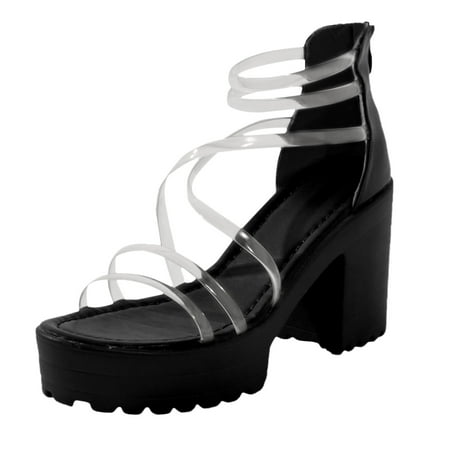 

Women s Chunky Heels Zippered Waterproof Platform High heels Shoes Sandals PU Black sandals for Women