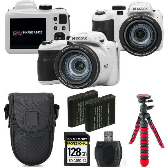 Kodak PIXPRO AZ425 Digital Camera (White) Extra Battery Tripod Case -128GB Kit