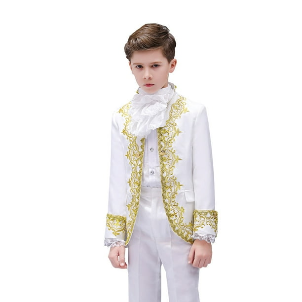Traje de teatro de corte para niños y niños con vestido de actuación de príncipe azul en el escenario con flores doradas