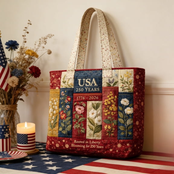 Quilted Tote Bag USA 250th Anniversary Floral Print Shoulder Bag Patriotic Independence Day Tote for Everyday Use