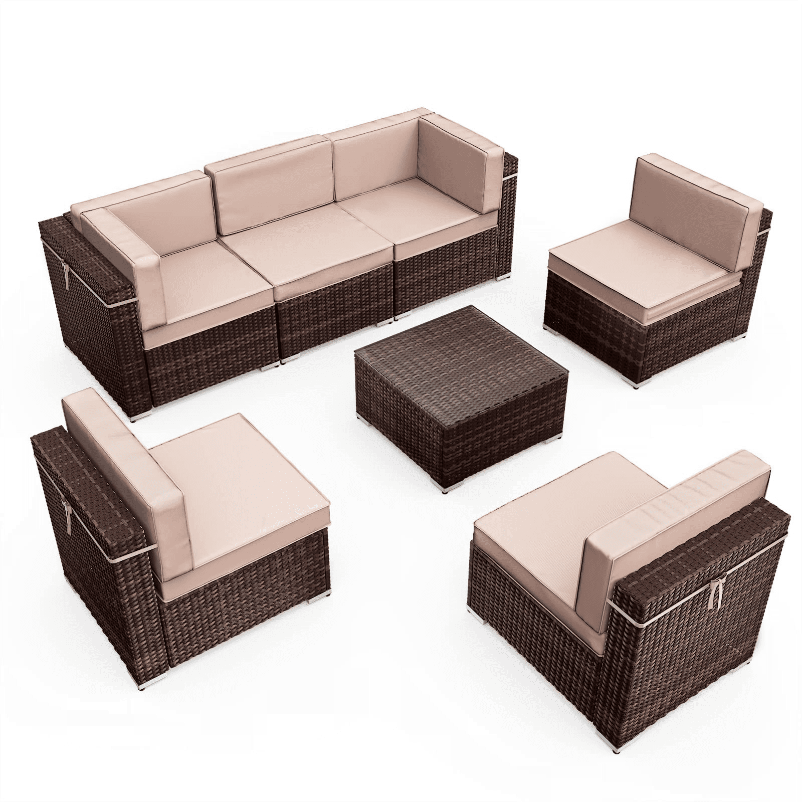 Amopatio 7 Pieces Patio Conversation Set, Outdoor Sectional PE Rattan Wicker Furniture Seat,Beige