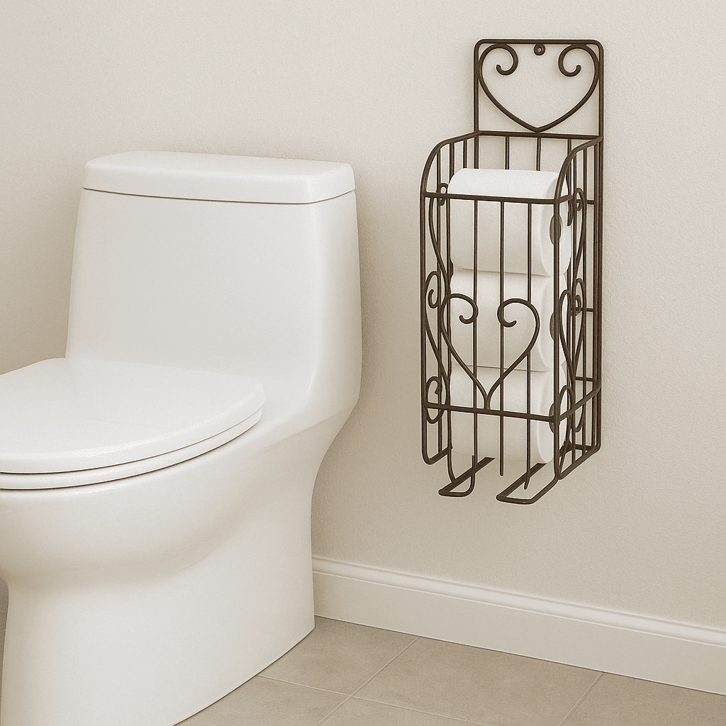 Dependable Industries Spare Toilet Paper Holder Wall Hanging Or Self Standing Storage Unit Rack Brown Metal Steel Bathroom Décor Holds Extra Rolls
