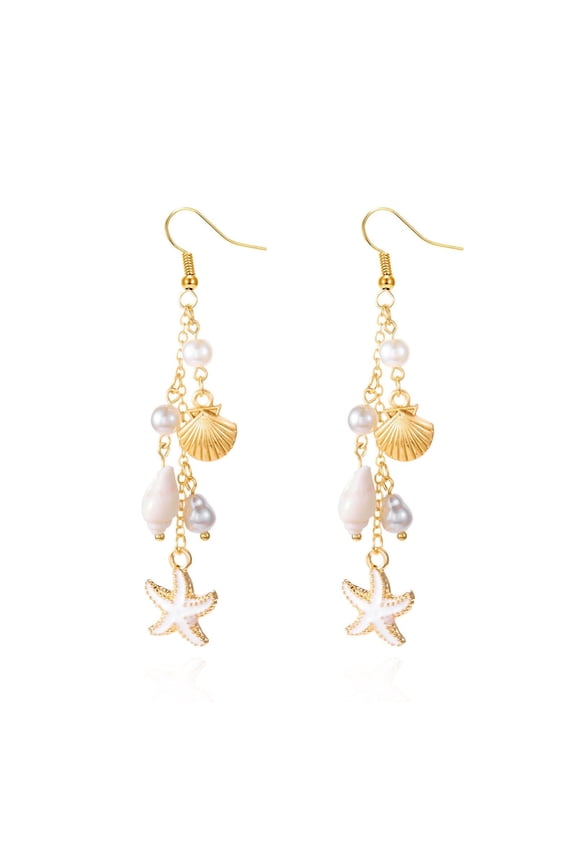 Gold Starfish Shell Dangle Earrings for Women, Boho Beach Summer Vacation Jewelry, Hypoallergenic Zinc Alloy Pearl Seashell Earrings, Hawaiian Tropical Holiday Gift