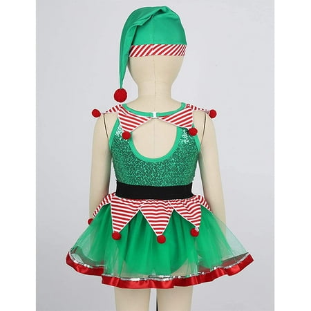Kids Christmas Holiday Elf Costume Sequined Striped Mesh Dance Leotard ...