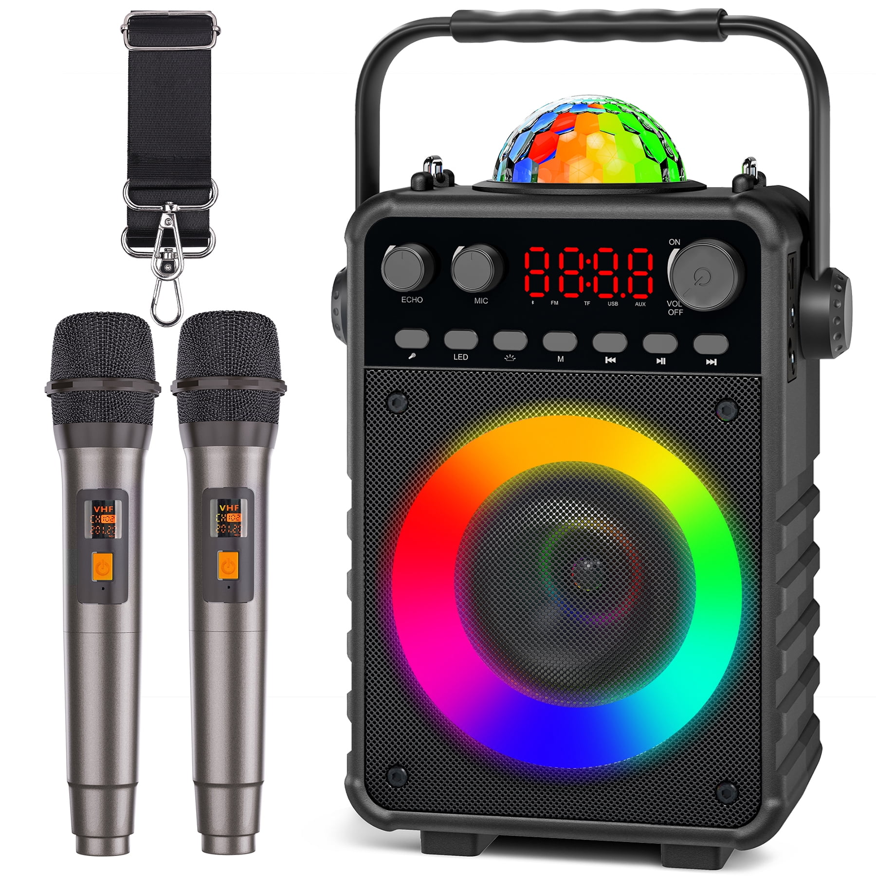 Bonaok Karaoke Machine, Portable Bluetooth Karaoke Speaker with 2 Wireless Microphones, PA System with LED Lights for Home Party