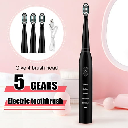 Smart Series Electric Toothbrush 5 Modes  Waterproof USB Rechargeable  Oral Care Teeth Electronic Cleaning Health + 4/8 Replacement Brush Head,Black (Best Way To Clean Teeth Without Toothbrush)