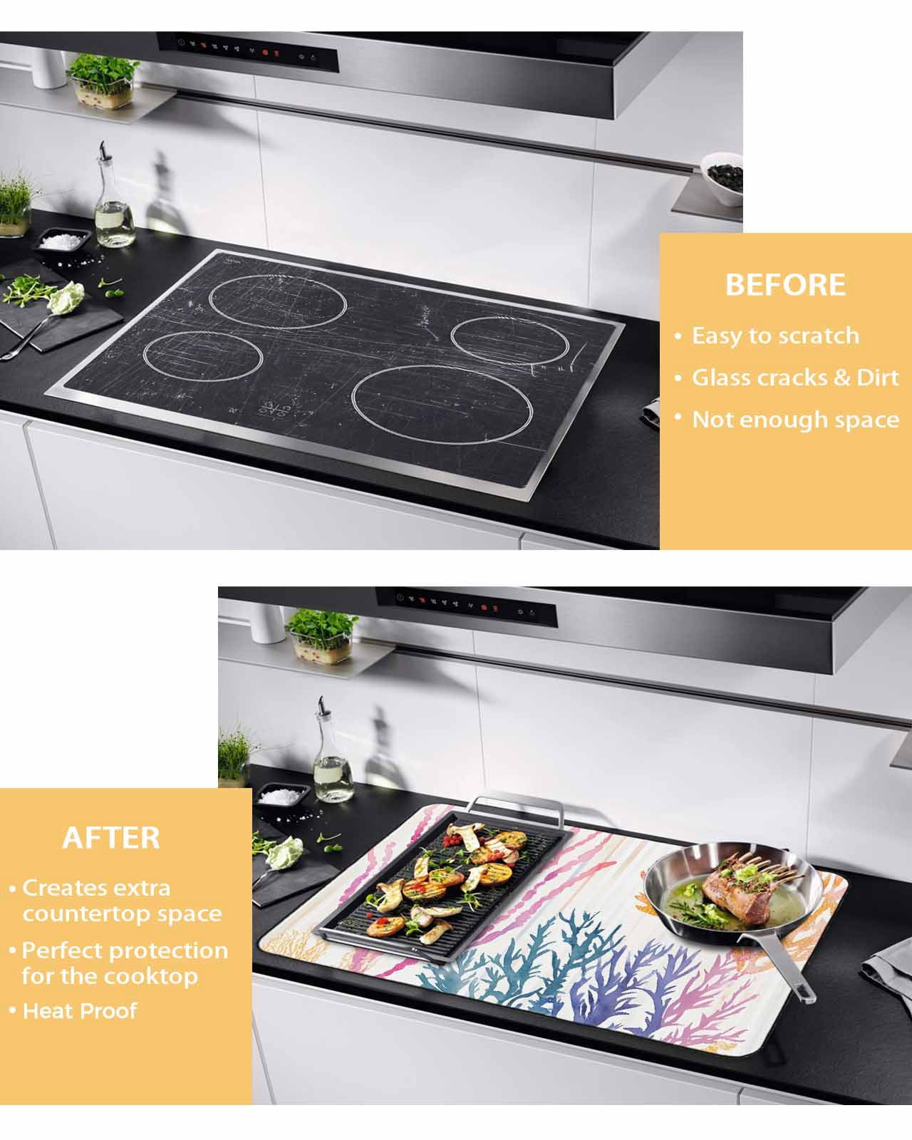 nqOlkjepod Large Induction Cooktop Protector Mat 36"x21", Summer Coral Stove Top Covers for Electric Stove, Ocean Vintage Sea Watercolor Plant Stove Burner Cover Mats, Glass Top Stove Cover