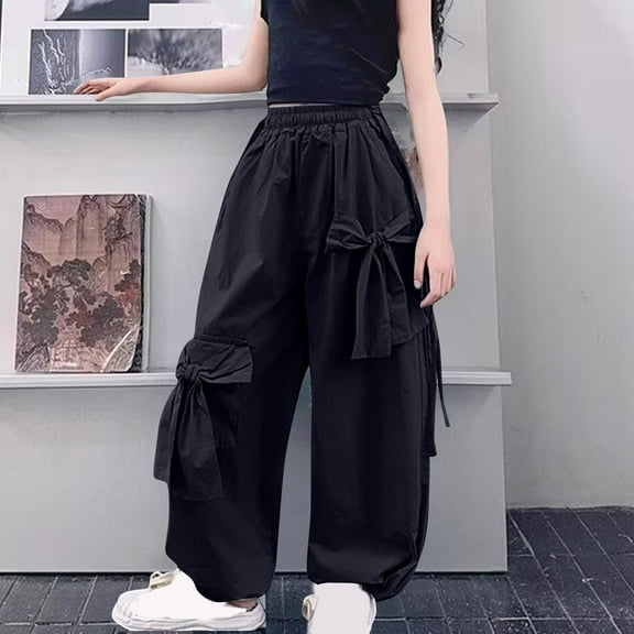 HOMADLES Girls Cargo Pants Elastic Waist Parachute Baggy Bow Wide Leg Multiple Pockets Cargo Pants Black 7 T