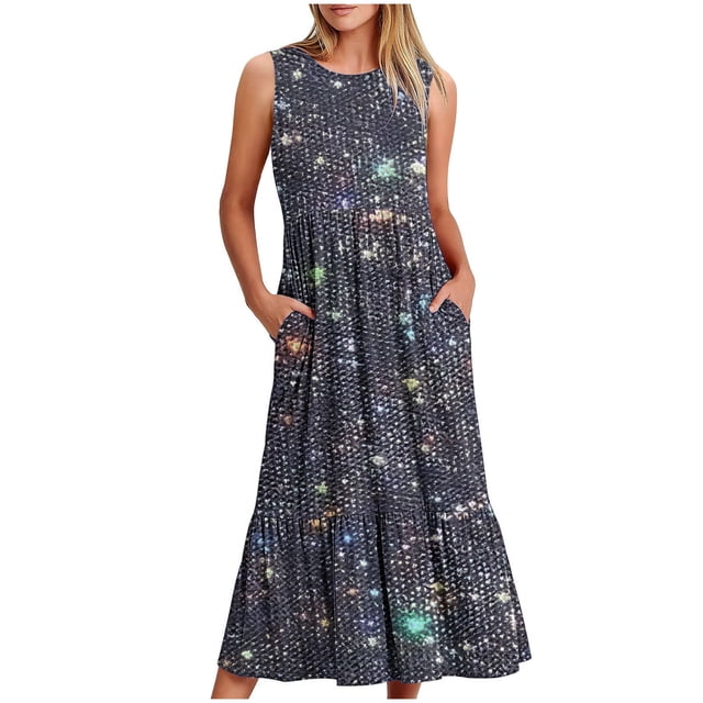 EQWLJWE Robes à Paillettes à Étages pour Femmes avec Poches, Robes d'Été pour Femmes 2024 Vacances Tendance Décontractée Robe T-Shirt à Manches Courtes, Robes d'Été à Étages de Plage pour Femmes 2024