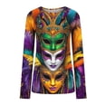 thumbnail image 3 of TrendVibe365 Mardi Gras Womens Long Sleeve Tops Plus Size Dressy Plus Size Round Neck Polyester Casual Mask Printed Mardi Gras Celebrations Blouse Tops for Mardi Gras Event Purple XL, 3 of 4