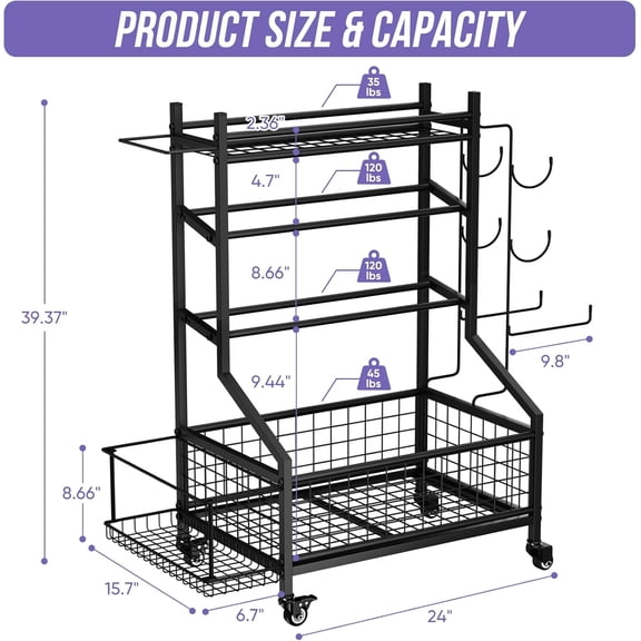 Dumbbell Rack, Adjustable Weight Rack for Home Gym Storage, All-in-One Workout Storage Racks with Wheels and Hooks for Dumbbells, Kettlebells, Yoga Mats & Balls, Durable Powder Coated Steel, Black