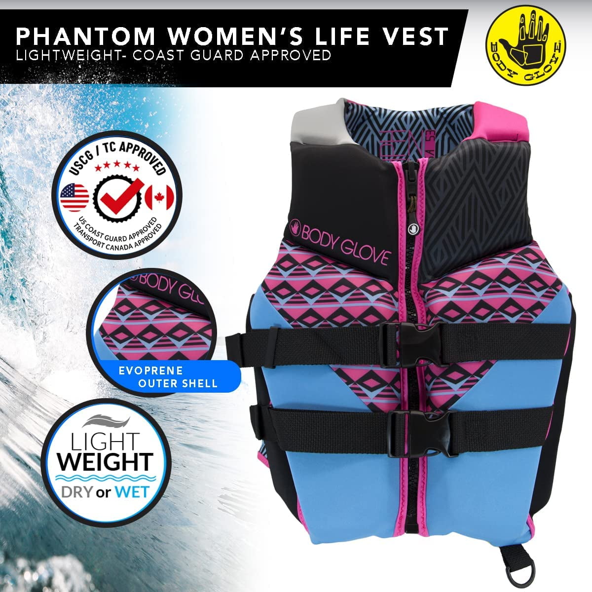 Body Glove- Phantom Women's PFD-Adult Life Jacket -Adult, Women, Small, Blue