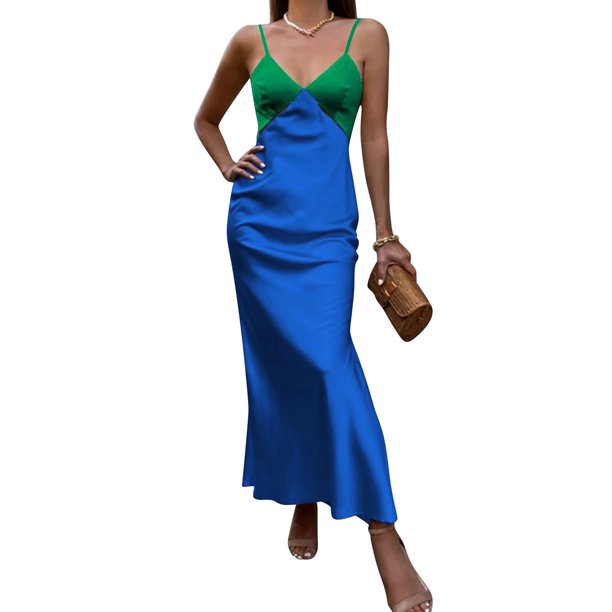 VISgogo Ladies Temperament Long Slip Dress, Summer Women Leisure Style Contraste de color Empalme Escote en V Sin mangas Beach Slim Falda VISgogo moda