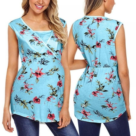

[BRAND Clearance!]Women Maternity Blouse Breastfeeding Tee V-Neck Floral Print Double Layer Nursing Shirts Pregnancy Tops