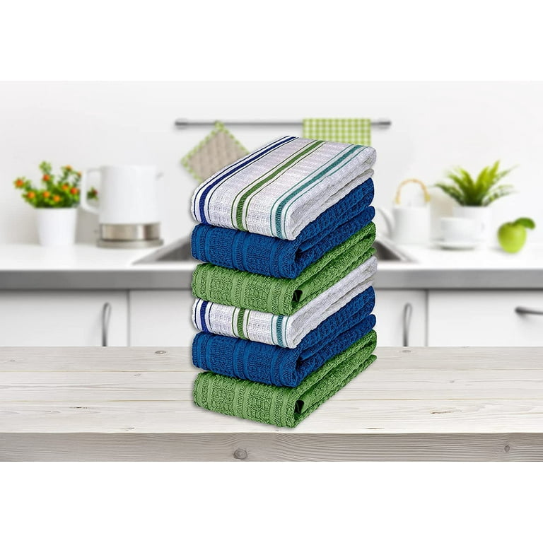 6 Large Kitchen Dish Washing Towels, 100% Cotton, 16 x 27 inches, White  & Green