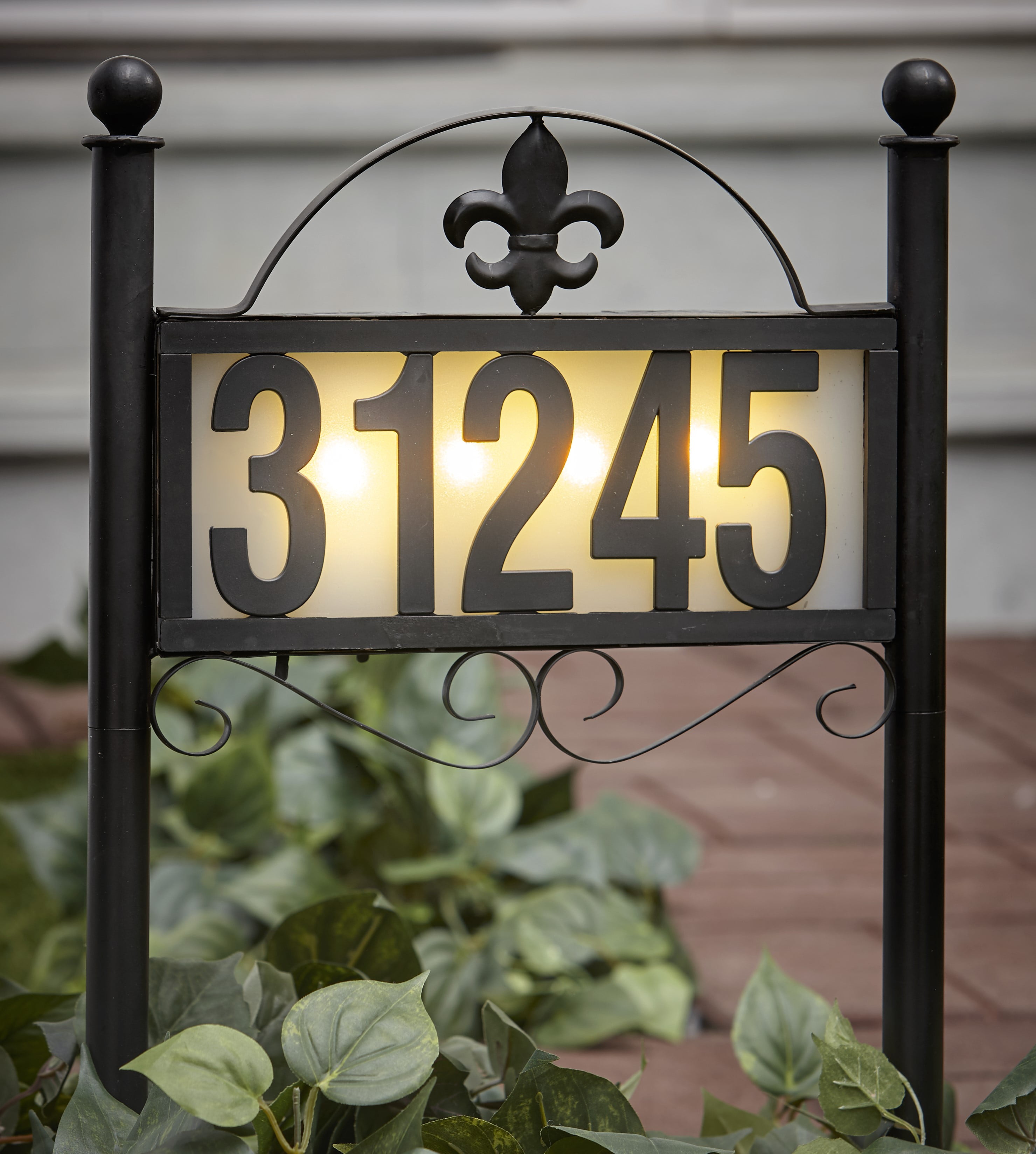 Solar Address Stake with Backlit House Numbers, Fleur de Lis Scrollwork