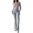 thumbnail image 2 of Conjunto Deportivo de 2 Piezas para Mujer, Camiseta de Larga, Pantalones Acampanados con Solapa, Chándal Informal, Gris, Talla S, 2 of 8