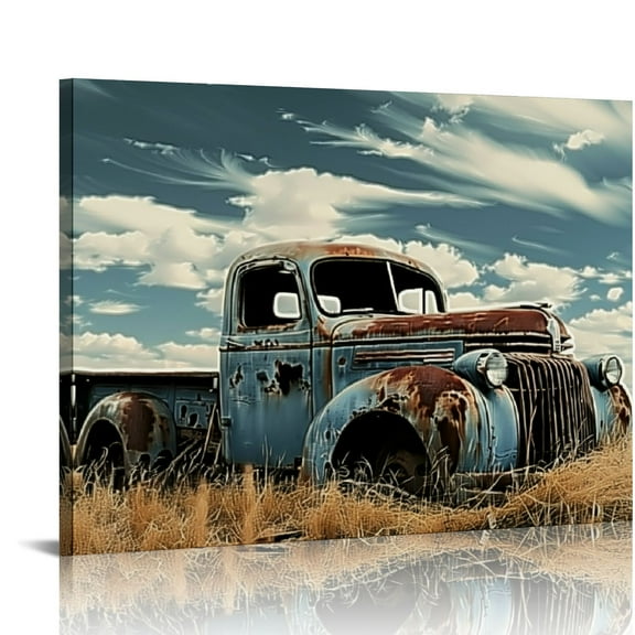 Shiartex  Old Car Wall Art Rusty Truck Canvas Picture Vintage Blue Car Prints Country Style Artwork Farmhouse Living Room Wall Decor 20x16in