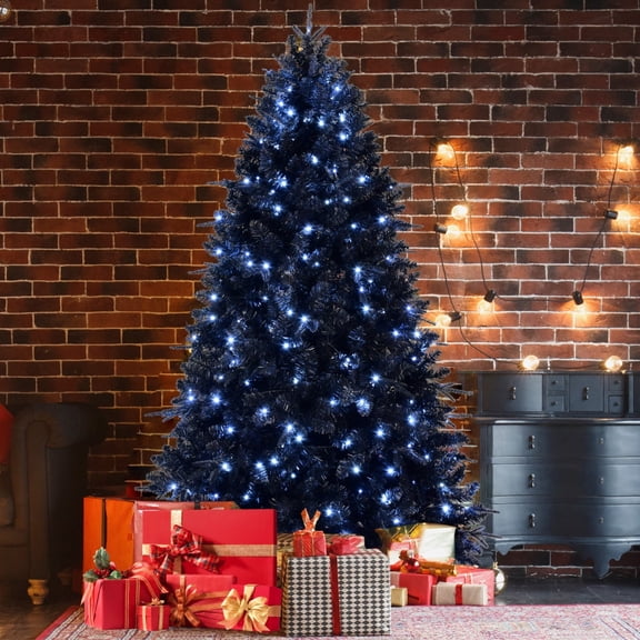5ft Black Christmas Tree Christmas Gift – Pre-Lit with 250 White LED Lights 1076 PE PVC Tips, Hinged Artificial Tree with Metal Stand for Halloween Holiday Decor