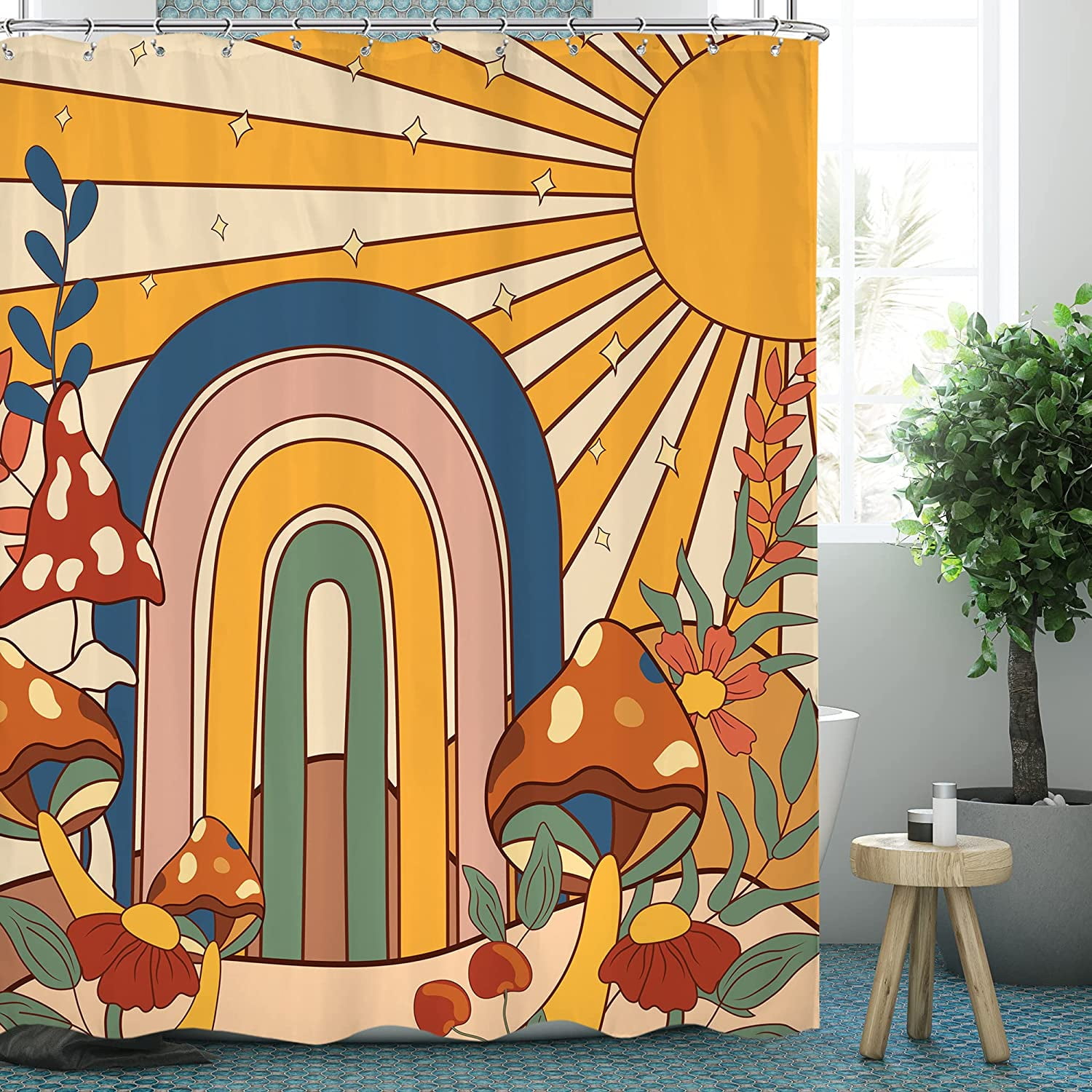 aoselan 70s Retro Mushroom Hippie Shower Curtain 72"×72" Inch Sun