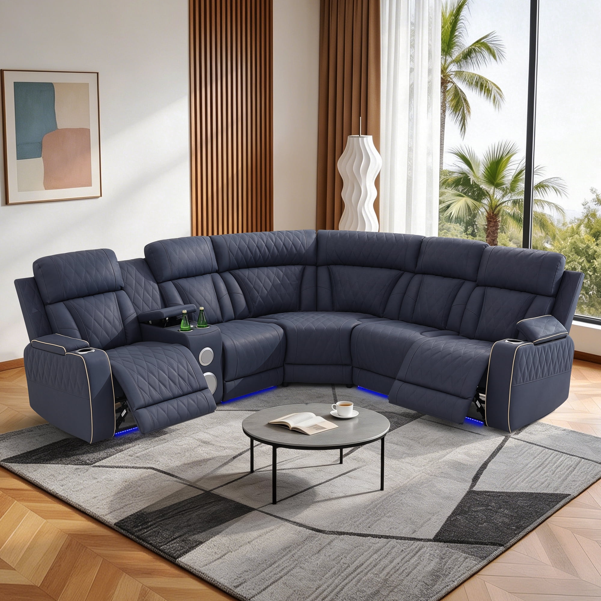 Gewnee Power Reclining Sectional Sofa, Air Leather, 110‑115° Adjustable Recline, USB & Type‑C Charging, Bluetooth Speaker, Cup Holders, Comfort Couch for Living Room Home Theater, Bluish Gray