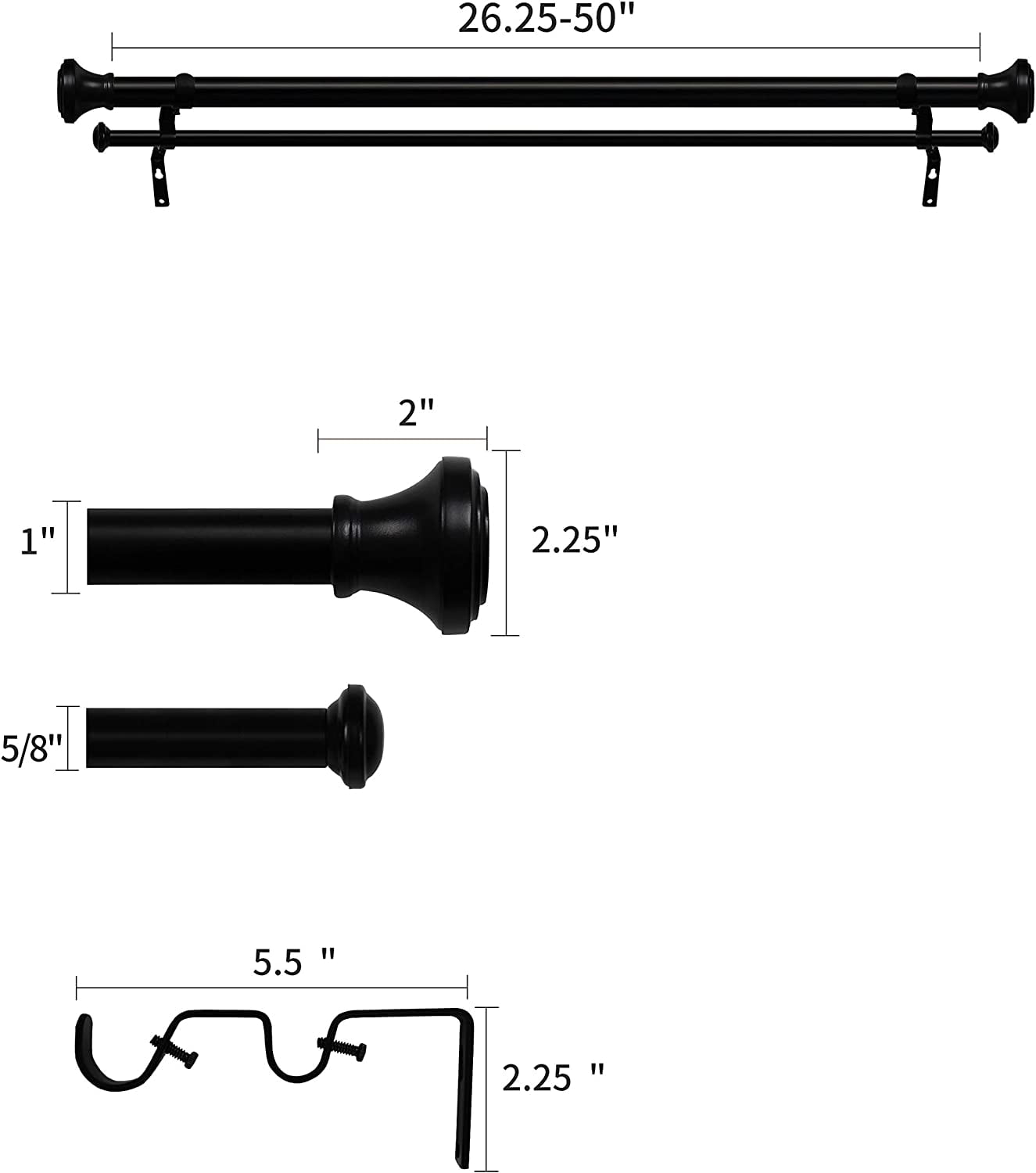 eTeckram 1" Double Curtain Rod with Trumpet Finials - 28''to 48'', Black