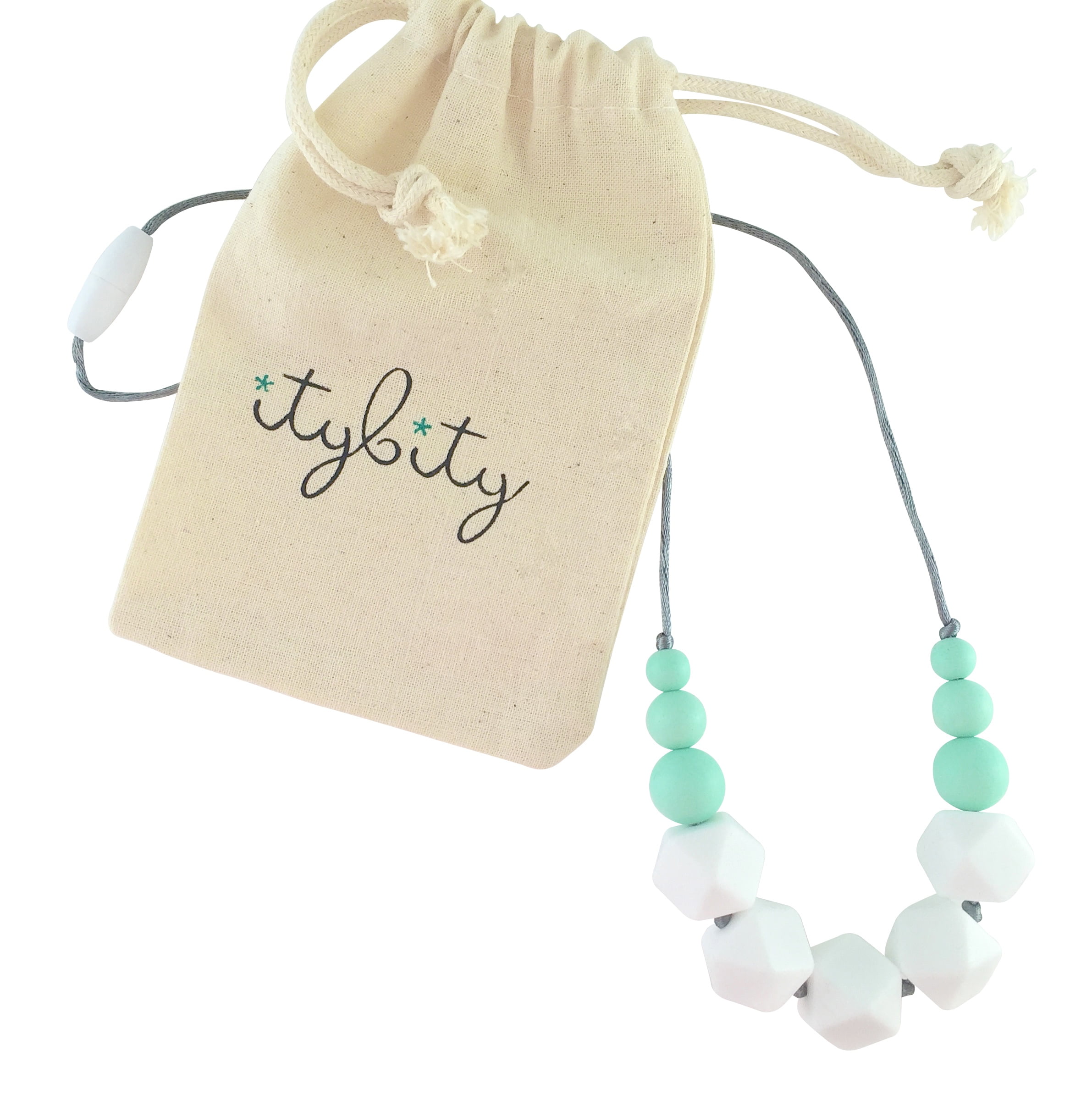 Silicone teething bead necklace baby gift sensory jewellery DOVE GREY/WHITE 