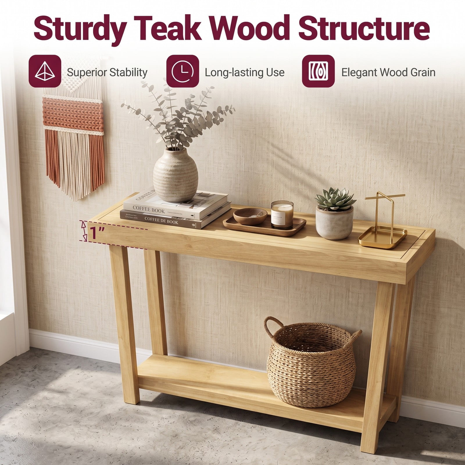 Furnibear 46 Inch Solid Wood Console Table 2-Tier Narrow Farmhouse Sofa Table with Storage Shelf for Living Room, Natural