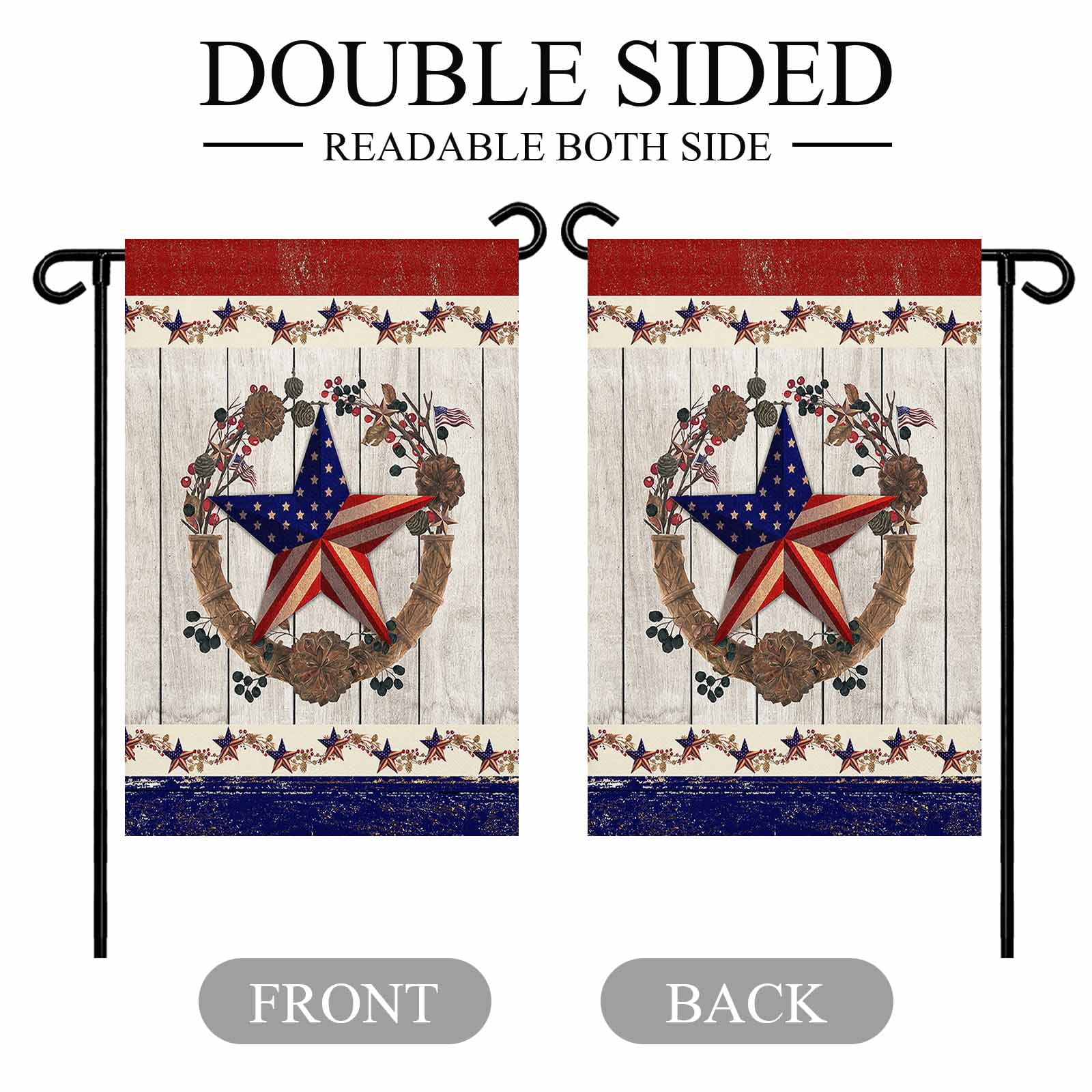 4th of July Garden Flags Texas Stars Wreath Garden Flag Double Sided Welcome Flag Patriotic Star on Rustic Wood Independence Day Yard Flags for Outdoor Lawn Porch Memorial Day Decor 28x40 Inch
