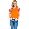 thumbnail image 2 of Women's Colorblock Knit Short Sleeve Top with Bold Striped Sleeves- Orange,Medium, 2 of 7