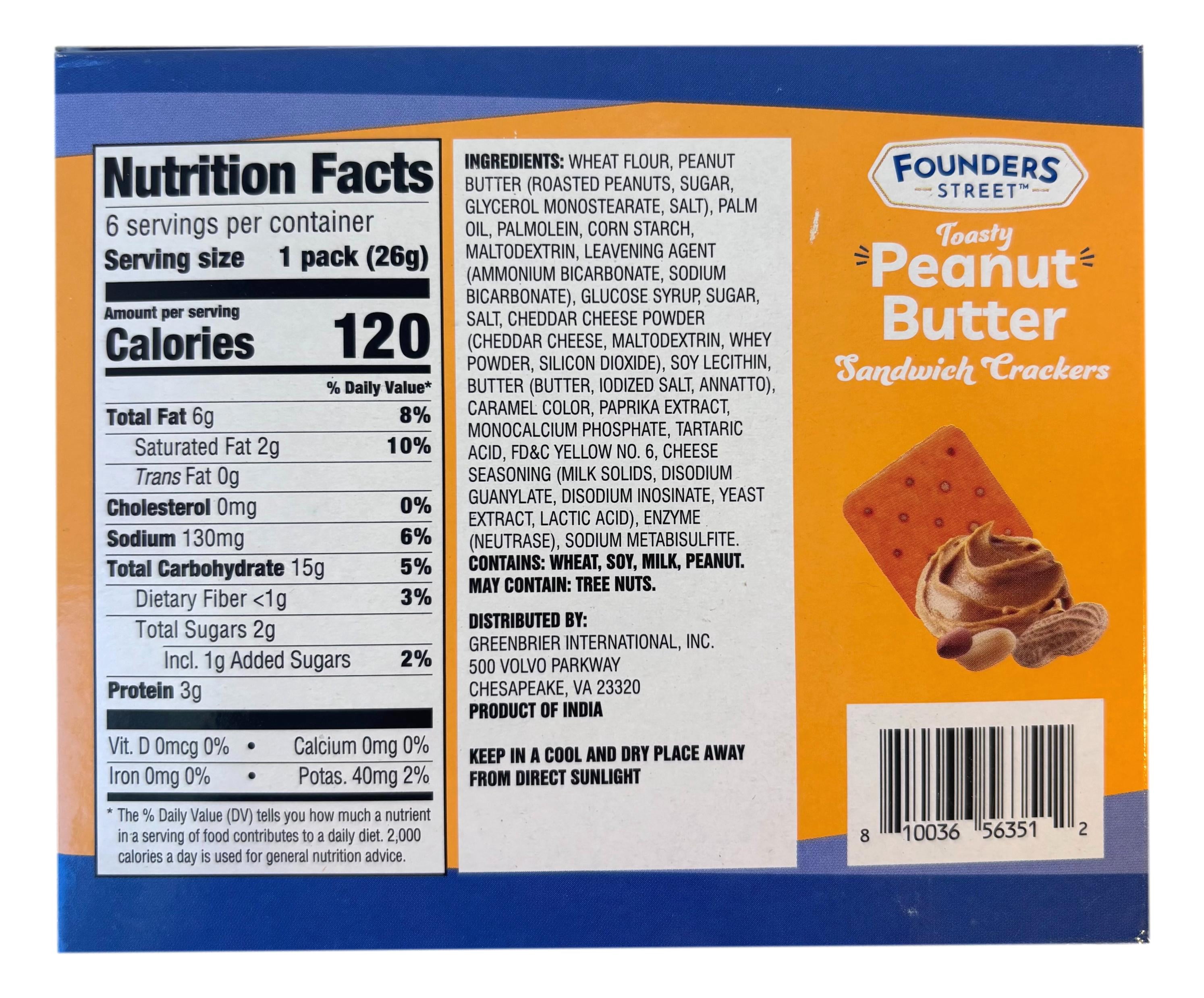 Founders Street Sandwich Crackers, Toasty Peanut Butter, 6 Individually Wrapped Packs, 4 Sandwiches Each