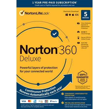 Norton 360 Deluxe + Antivirus, 1 Year with Auto Renewal (PC/Mac/Mobile Key Card), 5 Users